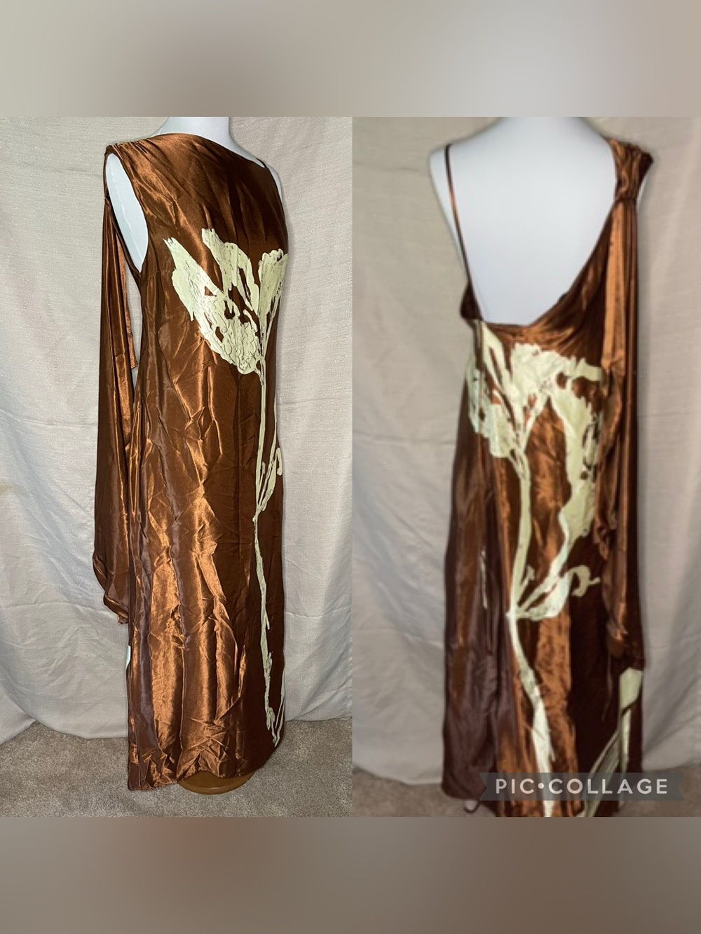 Topshop Bronze Satin Dress with Cream Floral Print - Picture 1 of 3